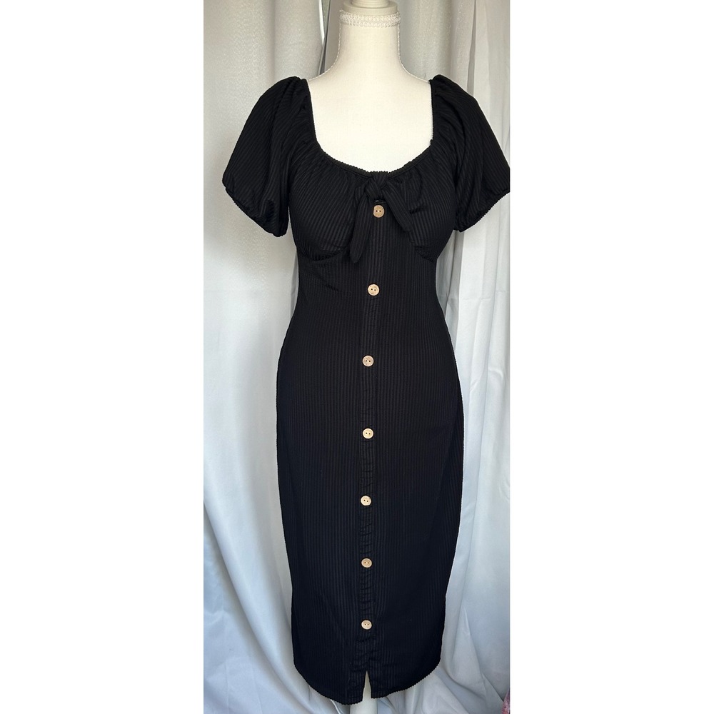 No Boundaries Black Ribbed Button Front Mixie Dress Puff Sleeve  L .#131